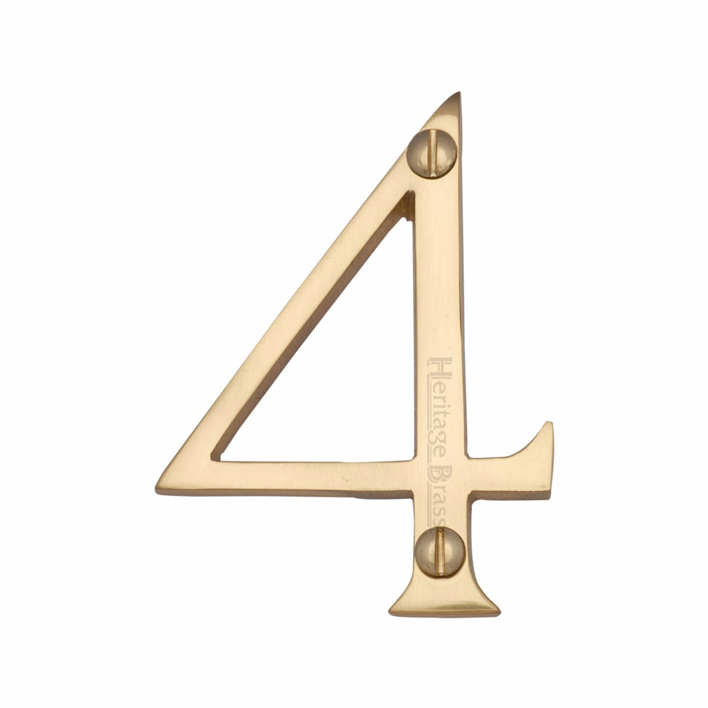 Heritage Brass Numeral 4 -  Face Fix 76mm  – Slimline font